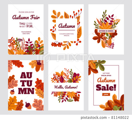 Autumn foliage posters. Fall discount and special offer banners with red or yellow leaves. Maple or oak plants. Sale flyers design template with lettering. Vector coupon ticket set 81148022