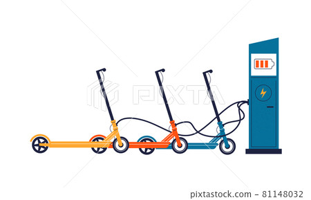 Electric scooter. Cartoon small light vehicle charging on electrical station. Motorbike sharing service. Electrical battery charger and personal mobile transport. Vector illustration Electric scooter. Cartoon small light vehicle charging on electrical station. Motorbike sharing service. Electrical battery charger and personal mobile transport. Vector illustration 81148032