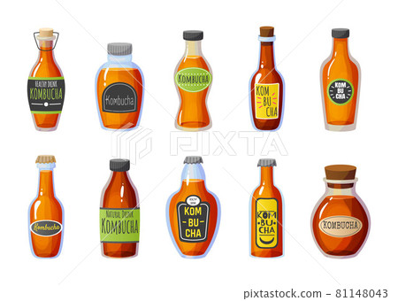 Kombucha bottles. Cartoon summer cold drink with tea mushroom. Vegan healthy drinking products in various containers. Vector isolated jars set with carbonated fermented fungus beverage 81148043