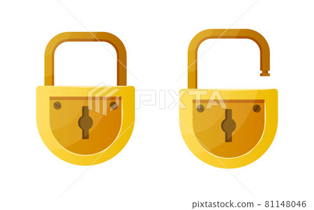 Open and closed lock. Cartoon data encryption and home security symbol. Golden padlock shape design with interlock elements and keyholes. Door protection mechanism. Vector illustration 81148046