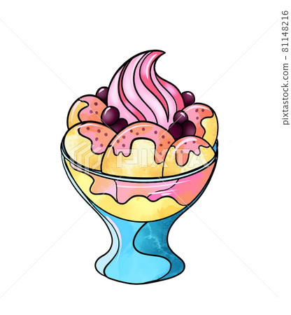 Illustration of a colored drawing of sweets: yellow pink dessert ice cream in balls and decorated Illustration of a colored drawing of sweets: yellow pink dessert ice cream in balls and decorated 81148216