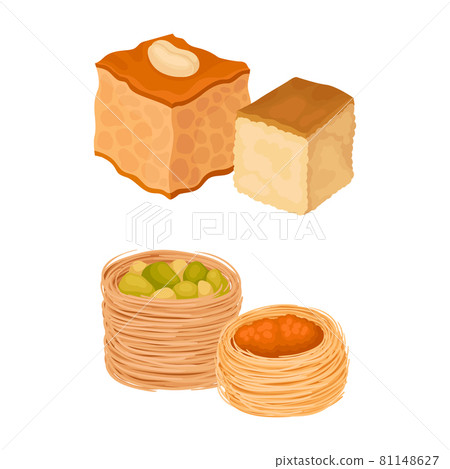 Oriental sweets set. East cuisine desserts, basbousa and birds nest cartoon vector illustration Oriental sweets set. East cuisine desserts, basbousa and birds nest cartoon vector illustration 81148627