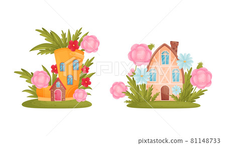 Cute fabulous houses among summer flowers and grass set. Little cottage of gnome or elf cartoon vector illustration Cute fabulous houses among summer flowers and grass set. Little cottage of gnome or elf cartoon vector illustration 81148733