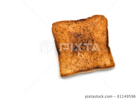 Slice of burned toasted bread, isolated burned toasted bread on white background, close-up image. 81149596