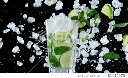 Super Slow Motion of exploding crushed ice towards mojito cocktail. Super Slow Motion of exploding crushed ice towards mojito cocktail. 81150070