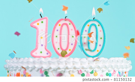 Colorful tasty birthday cake with candles shaped like the number 100. 81150132