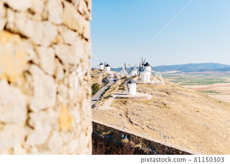 Group of historic windmills on a hillside 81150303