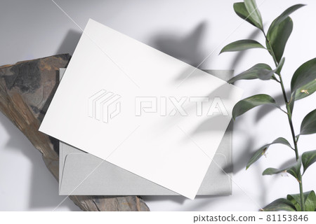 Mockup white greeting paper card with envelope and green leaf. for mock-up design template.. 81153846