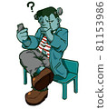 Frankenstein thinking about how to operate his smartphone with his hand on his chin 81153986
