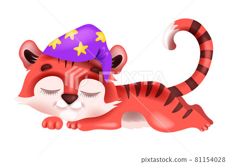 Sleeping cute baby tiger vector cartoon illustration, dreaming little cat in hat,  81154028