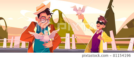 Men hold in hand white doves in countryside Men hold in hand white doves in countryside 81154196