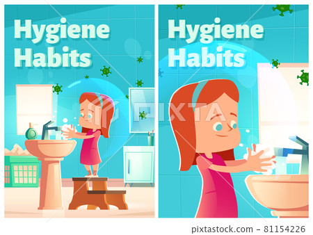 Hygiene habits cartoon posters. girl washing hands Hygiene habits cartoon posters. girl washing hands 81154226