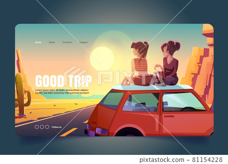 Good trip cartoon landing, girlfriends on car roof Good trip cartoon landing, girlfriends on car roof 81154228