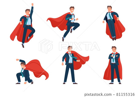 Super businessman poses. Professional superhero office manager character in costume and fluttering cape, vector set of spectacular power poses 81155316