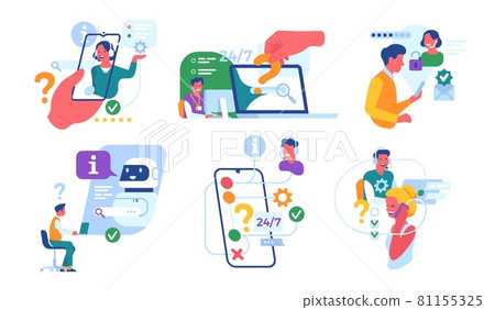 Customer support service. Call center workers, round-the-clock online assistant, chatbot aide, consumers and hotline operators vector set 81155325