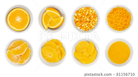 Fresh and processed oranges, in white bowls. Orange half, wedges, cutted peel, zest, segments, cross sections, supreme cut and freshly squeezed orange juice. Isolated from above, on white background. Fresh and processed oranges, in white bowls. Orange half, wedges, cutted peel, zest, segments, cross sections, supreme cut and freshly squeezed orange juice. Isolated from above, on white background. 81156710