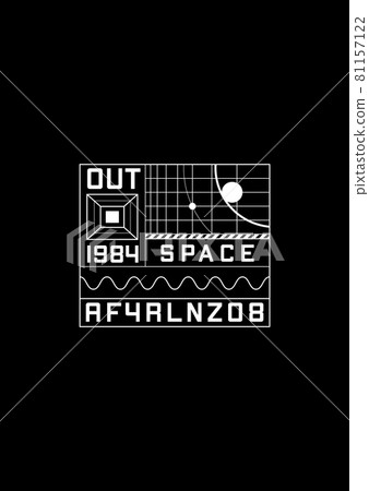 Space 1984 t-shirt and apparel design with the 1980s space aesthetics design elements, grids with planets and orbits. Retrofuturistic interface. Black and white print. Vector Space 1984 t-shirt and apparel design with the 1980s space aesthetics design elements, grids with planets and orbits. Retrofuturistic interface. Black and white print. Vector 81157122