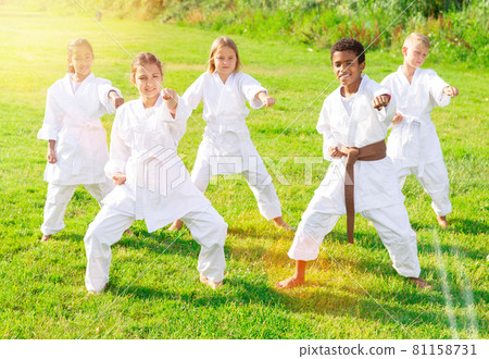 Positive children practicing karate in park Positive children practicing karate in park 81158731