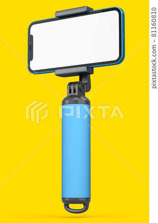 Realistic smartphone with blank white screen and selfie stick isolated on yellow 81160810
