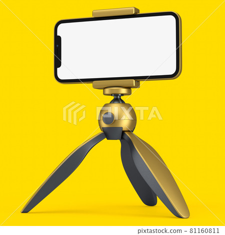 Realistic smartphone with blank white screen on gold tripod isolated on yellow 81160811