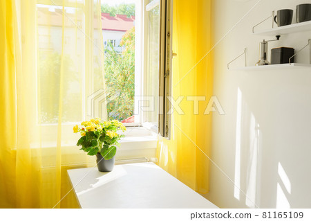 Modern kitchen interior with large window and yellow curtains Modern kitchen interior with large window and yellow curtains 81165109