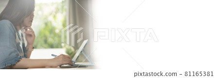 web banner asian woman use tablet meeting and working from home web banner asian woman use tablet meeting and working from home 81165381