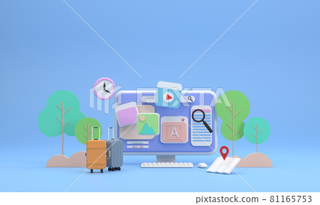 Traveler Using Computer Banner Computer screen showing icons about travel... - Stock Illustration ...