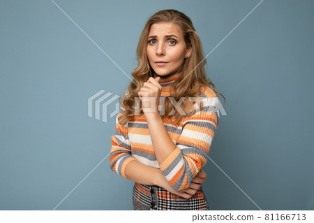 Photo shot portrait of young nice winsome beautiful sad upset thoughtful blond lady with sincere 81166713