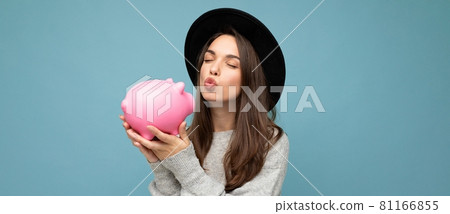 Panoramic photo of happy positive young beautiful attractive brunette woman with sincere emotions 81166855