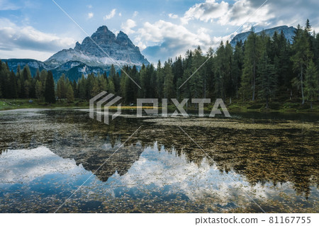 Aerial view of Lago Antorno Lake,Tre Cime di Lavaredo mountain in background, Dolomites, Italy Aerial view of Lago Antorno Lake,Tre Cime di Lavaredo mountain in background, Dolomites, Italy 81167755