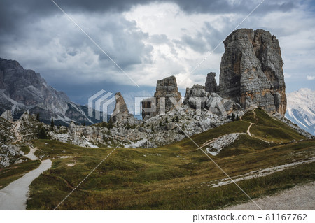 Hiking trail in Cinque Torri Dolomites on summer day. Italy 81167762
