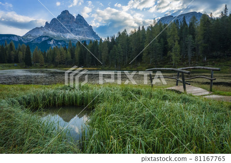 Aerial view of Lago Antorno Lake,Tre Cime di Lavaredo mountain in background, Dolomites, Italy 81167765