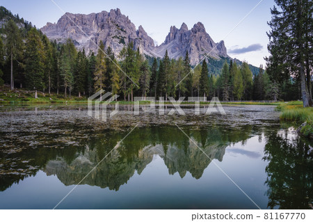 Lago Antorno Lake with Cadini di Misurina mountain group in background, Dolomites, Italy 81167770