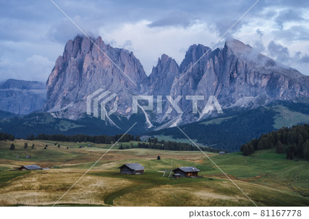 Dolomites. Landscape scenery of Seiser Alm, wooden huts and Sassopiatto and Sassolungo peaks in beckground 81167778
