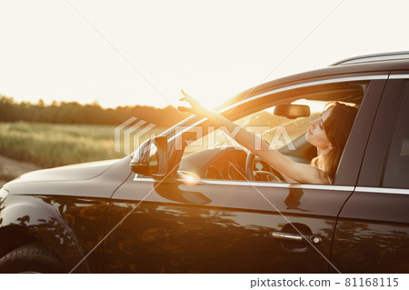 Beautiful smiling woman driving her car in the morning 81168115