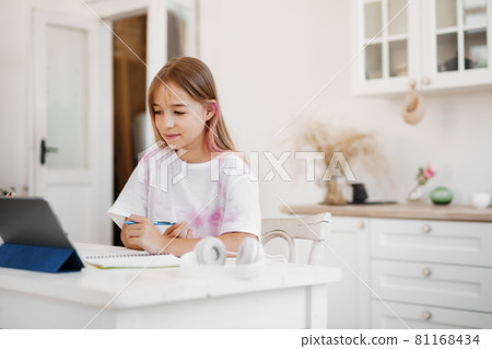 Homeschooled little young girl student having online class using digital tablet 81168434