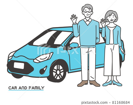 Vector illustration of a senior couple with a car and a smile Material / Car / Travel / Family / Outing / Sedan Vector illustration of a senior couple with a car and a smile Material / Car / Travel / Family / Outing / Sedan 81168684