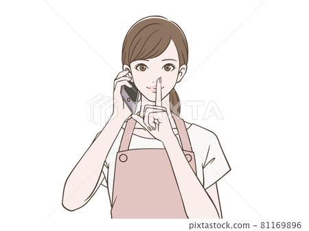 A woman in an apron holding a smartphone and putting her index finger on her mouth 81169896