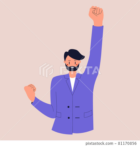 A man in a business suit stands in the winners pose. A confident businessman. Colorful flat vector illustration on isolated background. Eps 10. 81170856