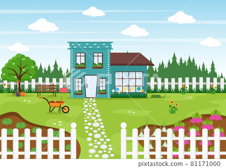Farm Gardener Background Vector Illustration With A Landscape Of Gardens, Flowers, Vegetables Planted, Wheelbarrow, Shovel And Equipment in Flat Design Style Farm Gardener Background Vector Illustration With A Landscape Of Gardens, Flowers, Vegetables Planted, Wheelbarrow, Shovel And Equipment in Flat Design Style 81171000