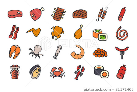 Meat products fish poultry seafood icons. Isolated linear color icon. Vector illustrations. Food ingredients. Steak ham gammon skewers bacon chicken wings fish sausages grilled sausage shrimp sushi Meat products fish poultry seafood icons. Isolated linear color icon. Vector illustrations. Food ingredients. Steak ham gammon skewers bacon chicken wings fish sausages grilled sausage shrimp sushi 81171403