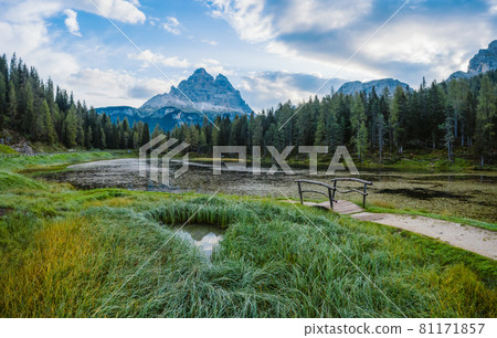 Aerial view of Lago Antorno Lake,Tre Cime di Lavaredo mountain in background, Dolomites, Italy 81171857