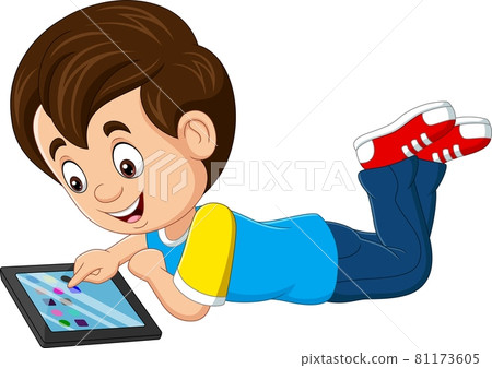 Cartoon happy little boy using tablet 81173605