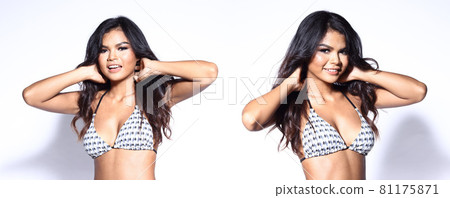 Half body snap figure of 20s Asian Woman black hair wear Bikini with high heels shoes 81175871