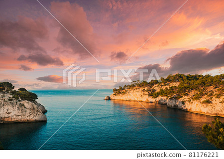 Cassis, Calanques, France. French Riviera. Beautiful Nature Of Cote De Azur On The Azure Coast Of France. Calanques - A Deep Bay Surrounded By High Cliffs. Altered Sunset Sunrise Sky. Elevated View 81176221