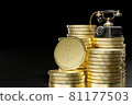 Vintage telephone set on top of stacked gold coins in a dark black background. The concept of business communication or the concept of business in telecommunication. 81177503
