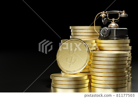 Vintage telephone set on top of stacked gold coins in a dark black background. The concept of business communication or the concept of business in telecommunication. Vintage telephone set on top of stacked gold coins in a dark black background. The concept of business communication or the concept of business in telecommunication. 81177503
