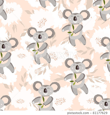 Seamless pattern with cute koala baby and flowers on color background. Funny australian animals. Card, postcards for kids. Flat vector illustration for fabric, textile, wallpaper, poster, paper. Seamless pattern with cute koala baby and flowers on color background. Funny australian animals. Card, postcards for kids. Flat vector illustration for fabric, textile, wallpaper, poster, paper. 81177629