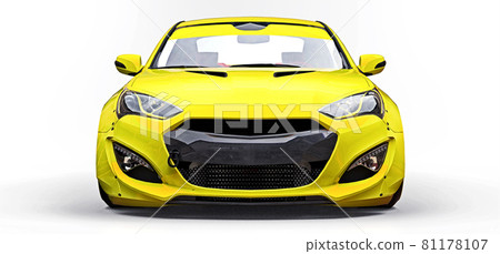 Yellow small sports car coupe. Advanced racing tuning with special parts and wheel extensions. 3d rendering. 81178107