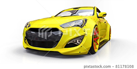 Yellow small sports car coupe. Advanced racing tuning with special parts and wheel extensions. 3d rendering. 81178108